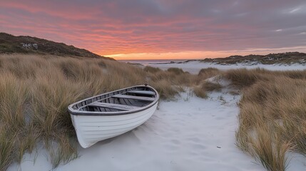 Serene Sunset Beach Scene with Rowboat