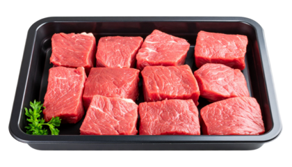 resh raw beef meat in silver black tray isolated on transparent background