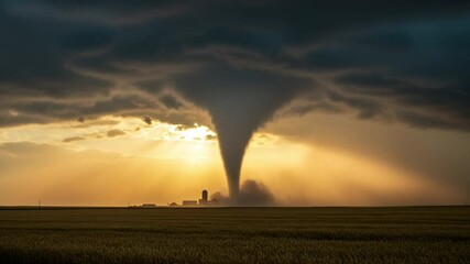 Tornado Touches Down Near Farm at Sunset, Dramatic Scene - Powered by Adobe