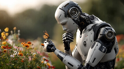 Futuristic humanoid robot interacting with butterfly in lush garden, highlighting ai and nature harmony, advanced technology concepts