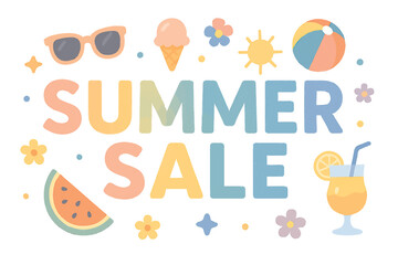 Summer Sale Text with Sunglasses Ice Cream Beach Ball Icons