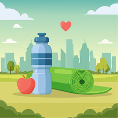 Vector icons of a green apple, dumbbell, yoga mat, water bottle, and heart, modern healthy 
