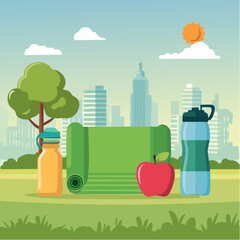 Vector icons of a green apple, dumbbell, yoga mat, water bottle, and heart, modern healthy