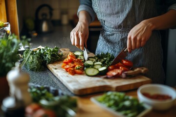 Woman Prepares a Healthy Meal: Chopping Fresh Vegetables in a Rustic Kitchen