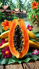 Vertical close-up of halved papaya revealing seeds, placed on banana leaves with tropical flowers and bananas in the background, village huts visible.