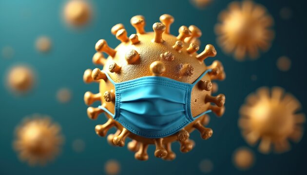 3D illustration coronavirus with protective medical mask. Covid-19 virus, pandemic prevention concept. Global health crisis, risk, disease. Healthcare, medicine, science, vaccine, protection, safety,