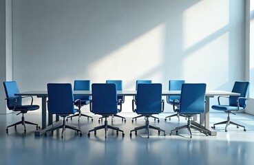 Modern boardroom interior with blue office chairs around long table. Large window bright sunlight. Empty conference room, ready for presentation, meeting or business discussion.