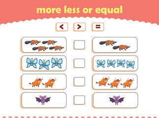More, less or equal. Count the amount of cute wild animals. Educational math game for kids. Vector Illustration