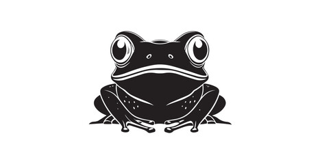 A stylized dark blue frog with large bulging eyes and detailed markings silhouette
