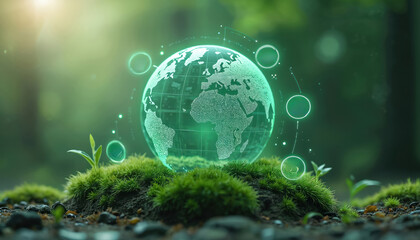 Holographic Earth projection. Digital glowing globe hovering over green moss. Eco tech, sustainability, environment protection concept. Green energy, nature preservation, modern innovation,