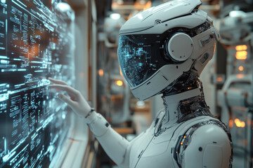 Futuristic humanoid robot interacting with digital interface in high-tech environment