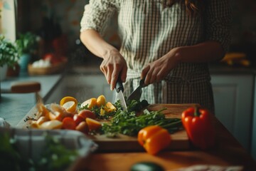 Woman Prepares Healthy Meal Chopping Vegetables on Wooden Board in Warm Kitchen Lighting
