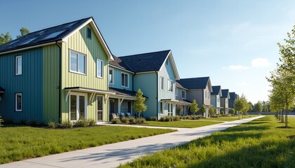 Fototapeta premium Row of modern affordable housing units. Eco-friendly design community spaces, urban development project, sustainable architecture. Low-income housing with green energy construction for better future.