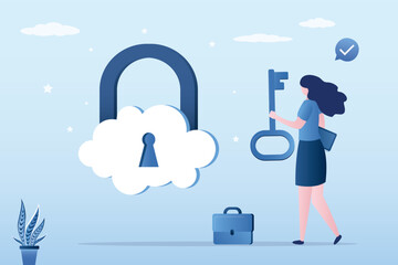Businesswoman holds key from cloud with padlock. Cloud security system to protect information for remote work, secure technology for safety access online server.