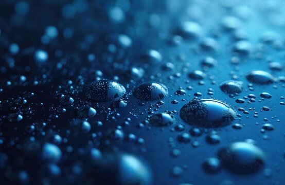 Abstract dark blue science background with water drops. Close-up macro photo of liquid droplets on surface, transparent bubbles. Conceptual tech design for water purification, research, chemistry,