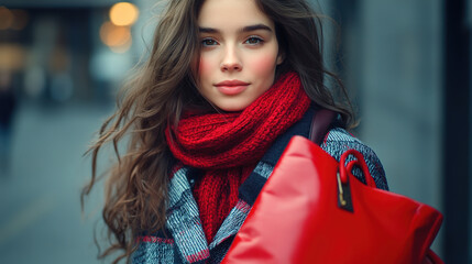 Young brunette woman in grey coat and red scarf, and with red bag.