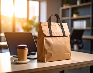 Brown paper bag lunch sits on a desk next to a laptop and coffee.