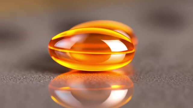 Two shiny, orange softgel capsules next to each other, reflecting light on a surface. - Powered by Adobe