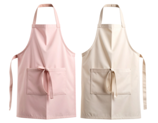 Set of Two Pastel Aprons in Light Pink and Beige, Front View, isolated on transparent background