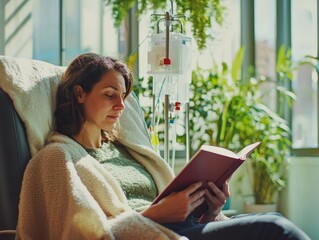 Woman Reading During Chemotherapy Treatment in Sunlit Room