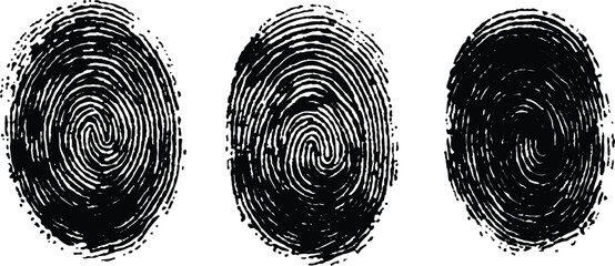Three fingerprints with unique patterns. isolated transparent background. Set of three black fingerprint scans isolated on transparent background. Digital biometric security and identification concept