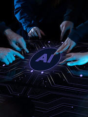 Group of professionals pointing to central AI node on glowing futuristic interface with circuit...