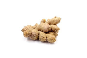 Fresh whole ginger isolated on white background. Rhizome of the ginger plant.