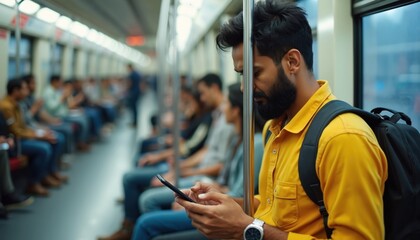 Indian man types on phone in subway train. Male in yellow shirt looks at mobile. Blurred passengers background. Modern urban lifestyle, travel, commute, public transport, metro.
