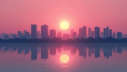 Obraz premium Pink sunset over city skyline reflected in water. Illustration of city buildings, water and large sun in pink, starry sky. Modern design with romantic mood.