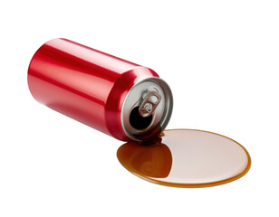 Spilled soft drink soda with splash and droplets isolated on white background