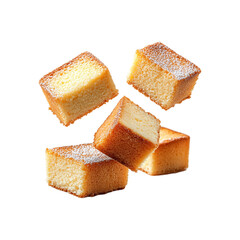  Irregularly cut slices of sponge cake with creamy filling, dynamically suspended in mid-air png
