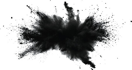 Black color explosion isolated on white background. Vector black dust explode. Paint holi. Black vibrant rainbow holi paint color powder explosion with bright colors isolated white background.	
