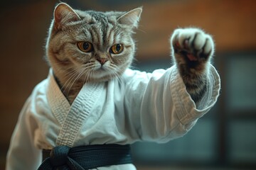 Cat wearing martial arts uniform posing confidently with raised paw indoors