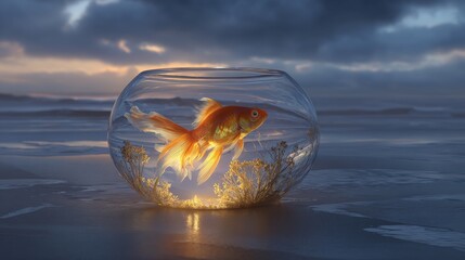 A golden fish rescued in a bowl placed in the ocean, symbolizing escape and rebirth. Rendered as a 3D concept art. 