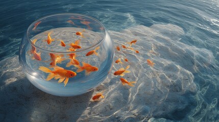A golden fish rescued in a bowl placed in the ocean, symbolizing escape and rebirth. Rendered as a 3D concept art. 