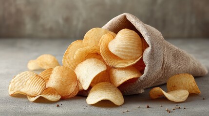 Crunchy potato chips spilled from burlap bag on gray surface