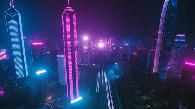Cyberpunk Cityscape: 4K Ultra HD, Smooth Camera Movements, Neon Glow, Atmospheric Fog, Slow-Motion Pacing, Seamless Transitions, Vivid Color Grading.