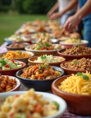Obraz premium Diverse array homemade dishes community potluck picnic. Variety of food on table salads, pasta, meat, vegetables, fruits. Gathering, celebration with friends, family. Healthy eating, fresh