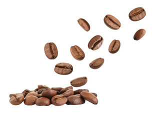 Roasted coffee beans flying in mid-air with dynamic motion isolated on white background