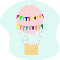 A greeting card with a cute family of rabbits on a hot air balloon.