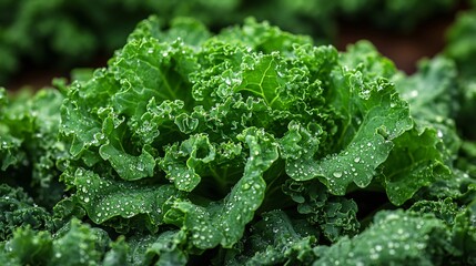 Closeup Of Fresh Green Lettuce With Water Droplets On Leaves  Showing Texture Of Leaves And  Dew Drops.  Green Leafy Greens  For Salad  Or  Produce Display  At Local Farm Or Garden.  Fresh Food  In