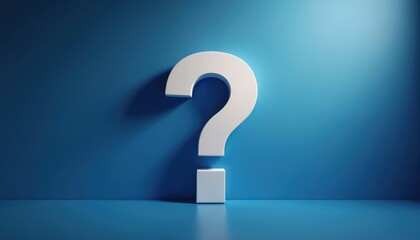 White question mark against blue background. Minimalist design, concept curiosity, questions, solution search. Modern design for creative projects, education, business, marketing, presentation slides.