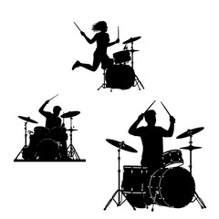 Drummer silhouette set. Musician playing a drum kit for music, band, and performance concepts.

