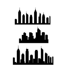Fototapeta premium Modern city skyline silhouette set. Vector icons of urban cityscape and buildings for real estate or business concepts. 