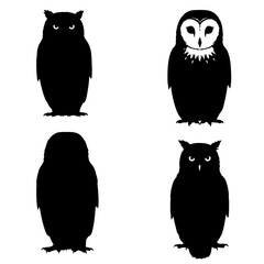 Owl silhouette set in various styles. Vector icons of a nocturnal bird for wisdom, knowledge, and wildlife themes.
