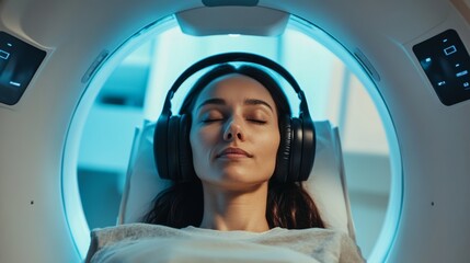 Woman Relaxing with Headphones in a Medical Device Under Blue Light