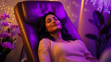 Woman Relaxing in Purple Massage Chair with Orchids and Soft Lighting