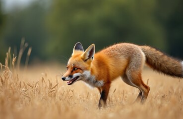 Fototapeta premium Red fox, Vulpes vulpes, in natural habitat hunts voles on field after corn harvest. Beautiful orange fur animal with long fluffy tail. Wildlife beast during summer nature scene.