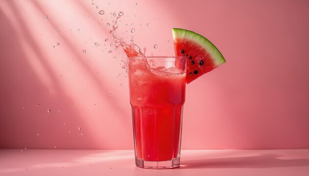 Fresh watermelon juice splash in glass on pink backdrop. Water droplets, ice cubes, and watermelon slice. Refreshing summer cocktail, cold drink, beverage, juicy, sweet. Healthy lifestyle.