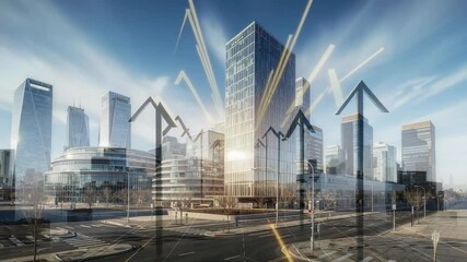 Starting after stillness, upward arrows rising over dawn crosswalk, with light streaks over towers - Powered by Adobe